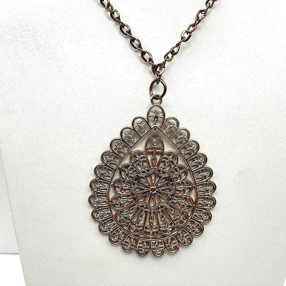 Necklace Vintage Gold Tone Filigree Teardrop Pendant Statement Boho Chain Retro